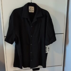 NWT Fleece Factory Art & Motion - Black Waffle Button Up Short Sleeve Shirt -XXL